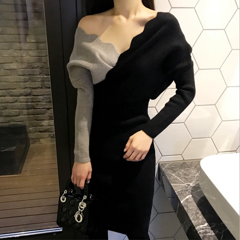 2025新型韓国版婦人服修身気質vネックニットは膝を越えた毛ワンピースロングタイプ秋冬ワンピースです