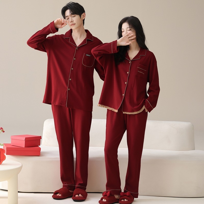 2025年秋冬新作 カップルパジャマ レディース 純綿 長袖 襟付きカーディガン メンズ レッド ホームセット - 人気商品 4,802円
