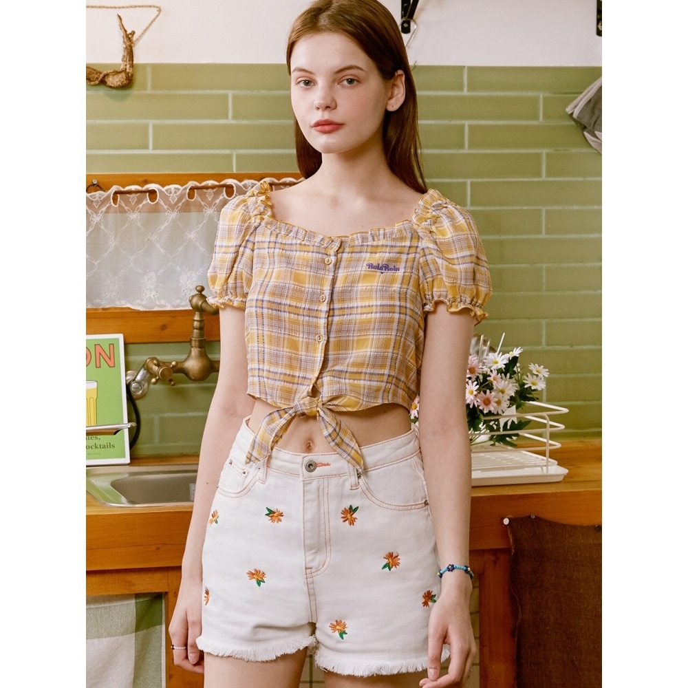 ロラローラ (BL 20322) チェックタイドアップパフスリーブシャツイエロー
