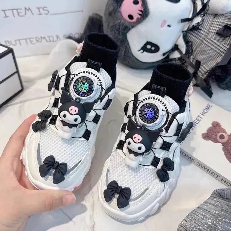 %クーポン女の子靴スニーカー女の子黒子供回転ボタンネット靴65