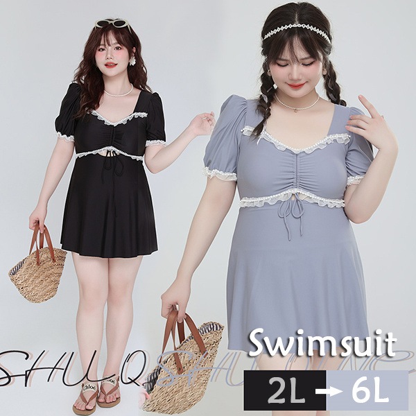 ワンピース水着 レディース 大きいサイズ ブラック ブルー 半袖 見せパン かわいい 体型カバー ぽっちゃり 女性 2L 5L 6L 海水浴 温泉 韓国風