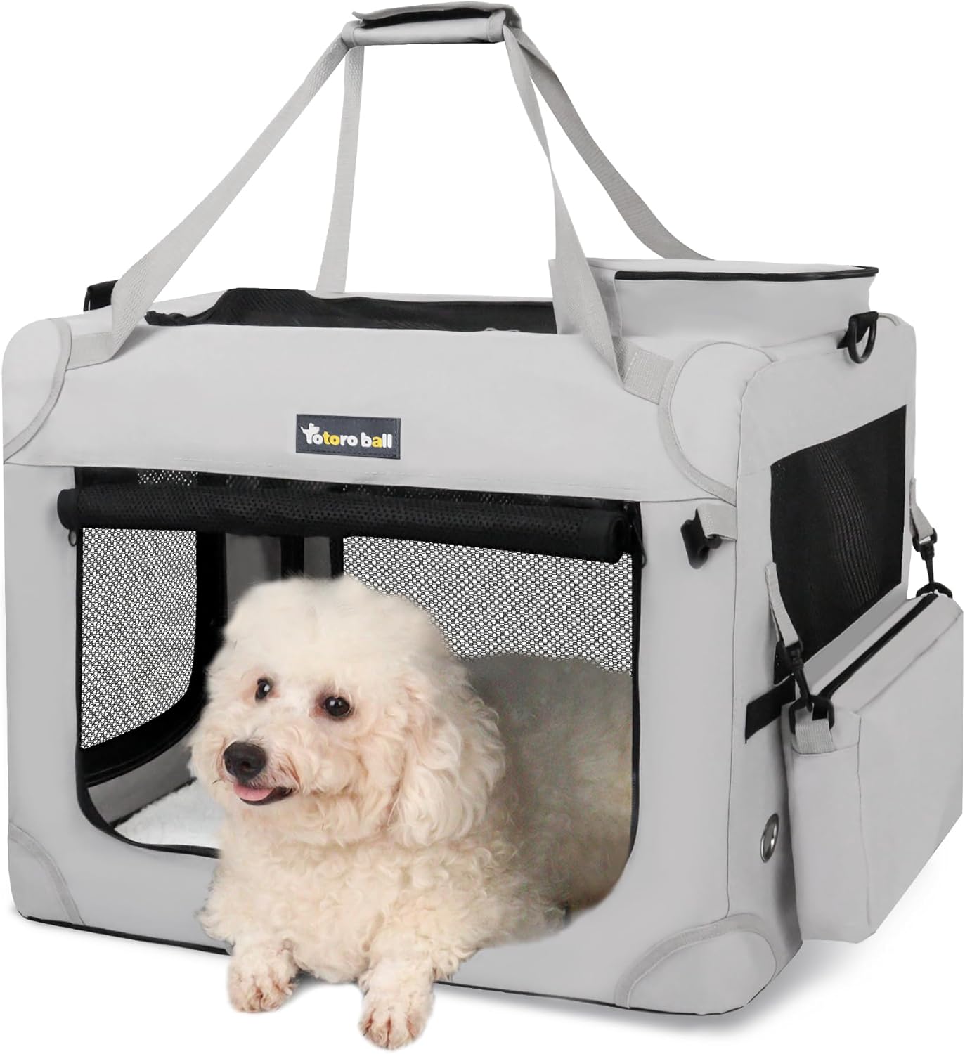 中型犬用折りたたみソフトクレート 5面メッシュ ロック付き 給水ボトルバンド付き 車載用ケージ サイズ60x42x42cm 10kg対応