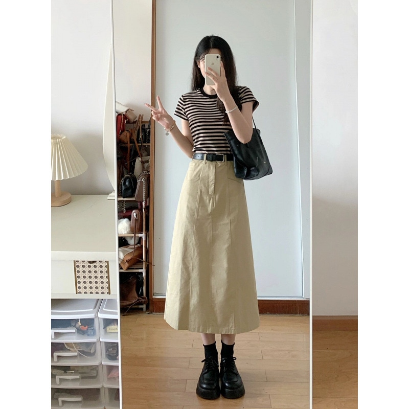 軽熟 上品 セット 痩せ見え 半袖 Tシャツ 夏 Aライン スカート ハイウエスト 通勤 2点セット