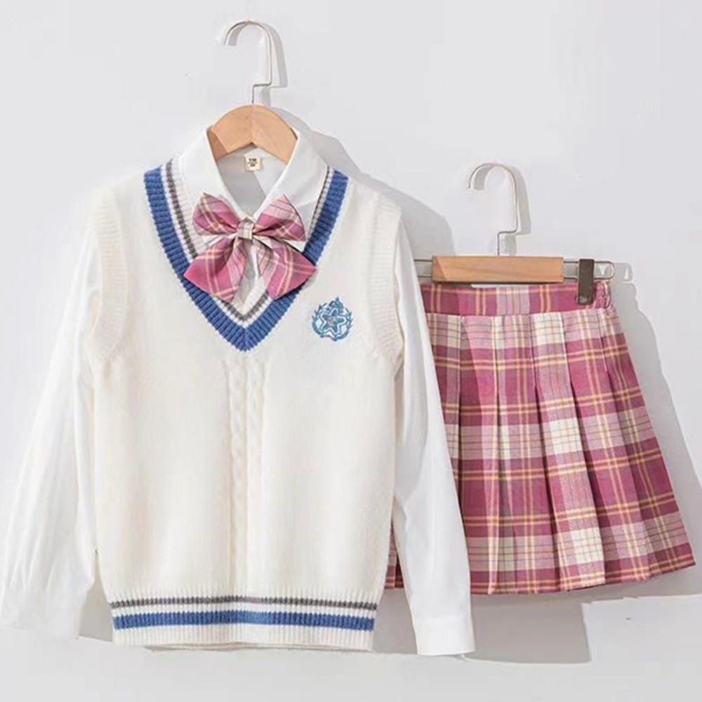 50％割引！小学生スクールルックニットベスト+シャツ+チェックスカートセット制服3ピース