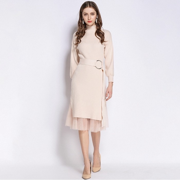ニットワンピース レディース きれいめ オフィス 通勤着 秋 冬 長袖ワンピース おしゃれ ひざ丈 膝丈 ロング丈 ３点セット：ベルト＋レース裏地スカート＋ワンピース