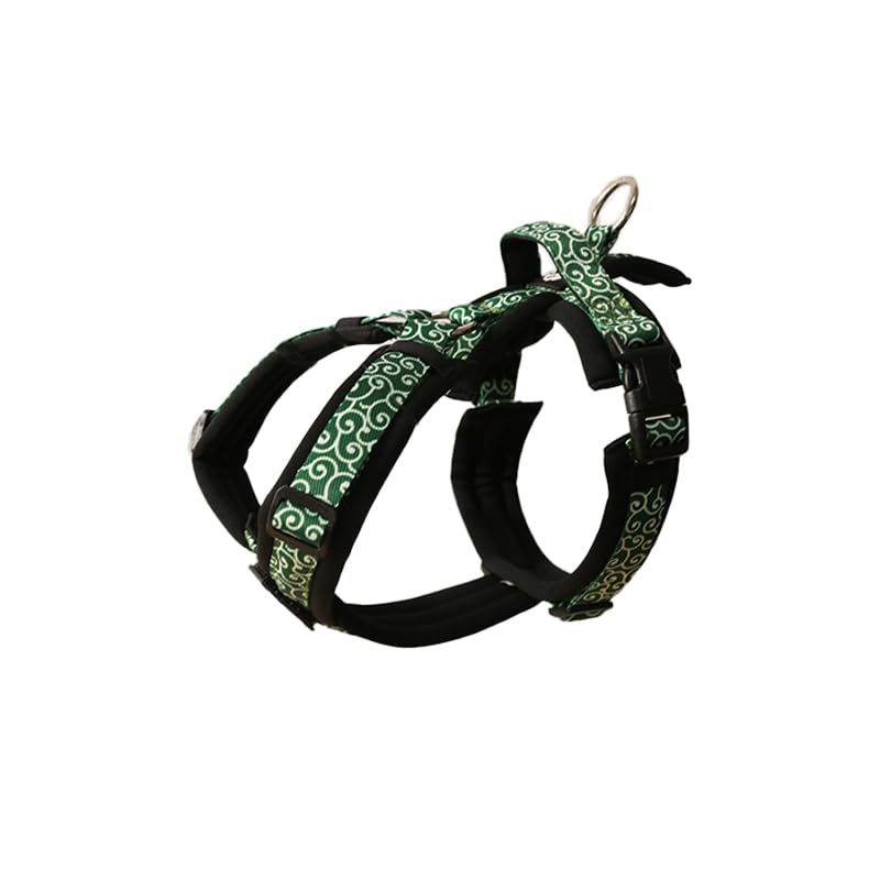 Hakusan ゼロハーネス 負担軽減 犬用ハーネス サイズ調整可 簡単着脱 夜間反射材 軽量 通気 ハンドル付き ネームプレート XL サイズ 唐草ブラック×グリーン