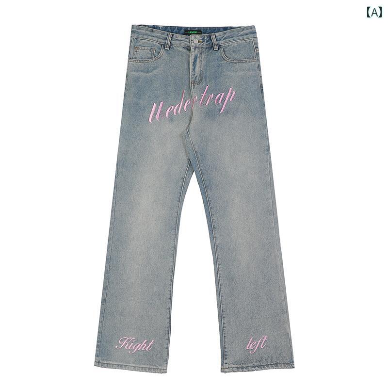 デニムパンツ レディース ジーンズ おしゃれ カジュアル 大きめサイズ ロゴ 刺繍 ストレートパンツ 韓国 ブルー