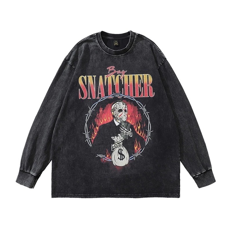 ヨーロッパとアメリカのハイストリートのレトロなダークプリントの古い長袖Tシャツ男性と女性のストリートブランドのボトムトップス