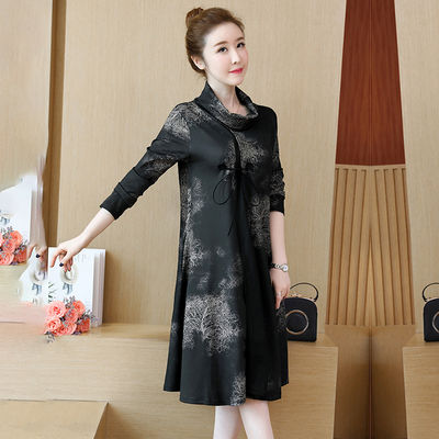 ワンピース レディース 長袖 春ワンピ タートルネック ミモレ丈 総柄 花柄 大きいサイズ カジュアル ゆったり 2019 春 新作