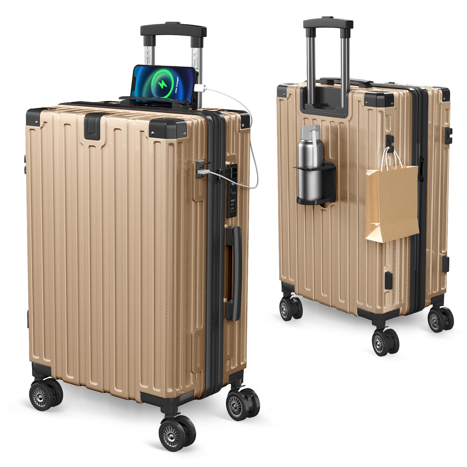 [Vivcon] スーツケース 拡張機能付き 多機能 キャリーケース ストッパー付き USBポート付き カップホルダー付き 超軽量 キャリーバッグ 隠しフック付き 耐衝撃 大型 静音 ダブルキャスター