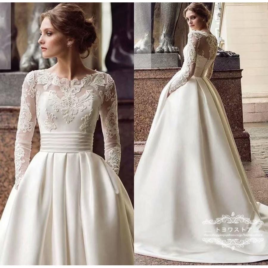 ドレス長袖aラインドレス安いウエディングドレス二次会パーティードレス花嫁披露宴ブライダルロングドレス結婚式演奏会