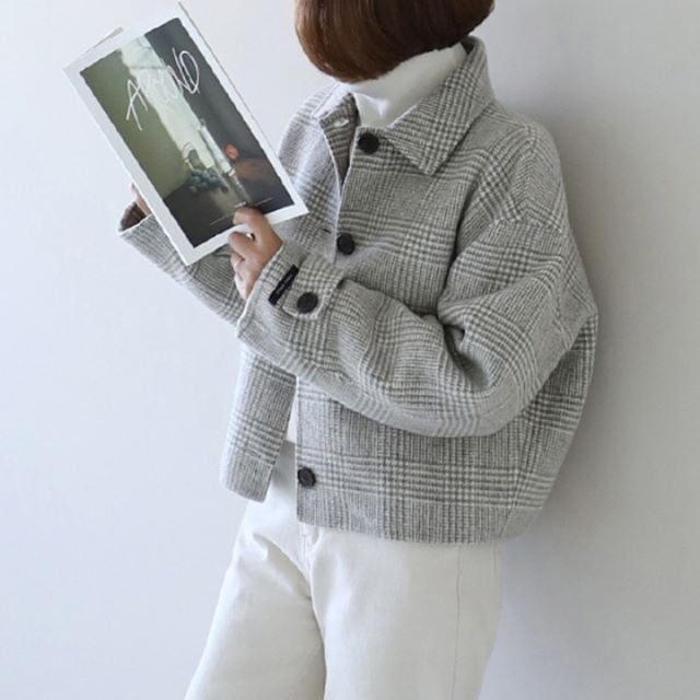 ステンカラーコート ウール ショート丈 チェック ジャケット レディース 大きいサイズ グレー ランタンスリーブ 長袖 体型カバー 韓国