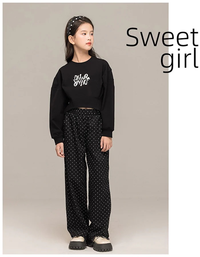 子供服 女の子 セットアップ キッズ 春秋 おしゃれ 上下セット 学生 レジャー パンツセット ブラック 通学着 春着 秋着 運動着 ジュニア服 ガールズ 長袖 スウェット トレーナー ドット柄