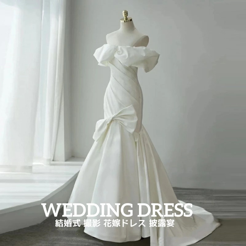 SNSで話題レディースドレス 花嫁ドレス エレガント イブニングドレス ウェディングドレス 高級感 ロングドレス ホワイト オフショルダー フィッシュテール 撮影 宴会 披露宴 リボン 礼服 トレーン 5,237円