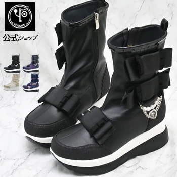 【公式SHOP特典キズ補修液付】 ヨースケ 厚底 スニーカーブーツ レディース ビッグリボン　パール　ハートジュエリーチェーン付き　歩きやすい 6cm 厚底フラット