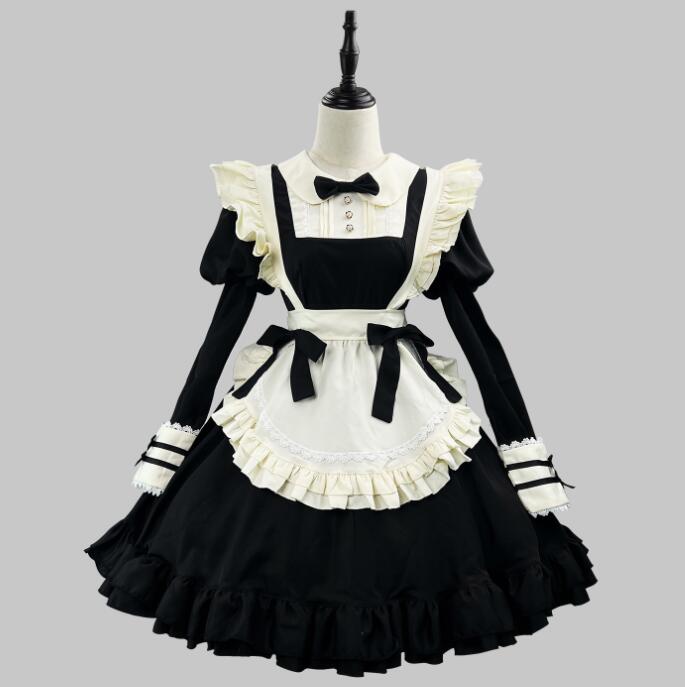 新作 メイド服 可愛い ロリータワンピース 膝丈 ロリータ服 レディース 長袖メイド服 膝丈 メイドワンピース メイドコスチューム ゴスロリ メイド喫茶 cosplay エプロン ワンピ ハロウィン
