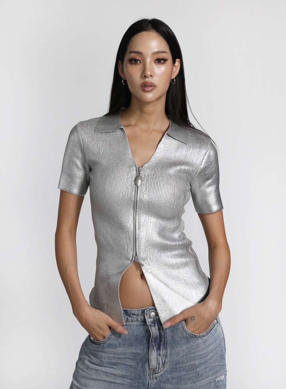 【BADBLOOD】 ELIPS METAL V - NECK COLLAR CARDIGAN : SILVER