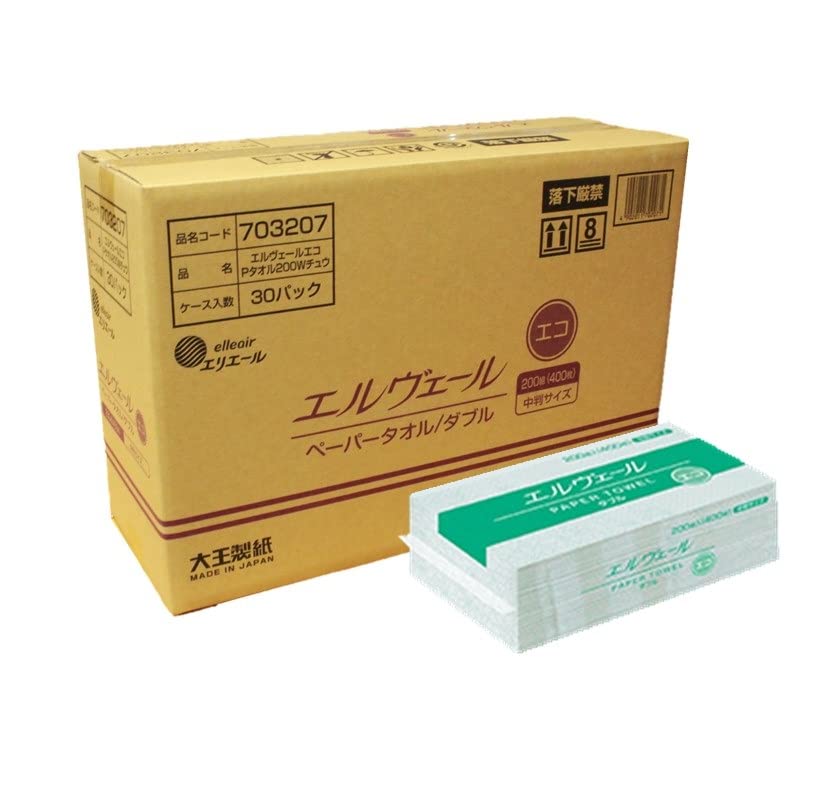 エリエール 【ケース販売】エルヴェール ペーパータオル エコダブル 中判 200組(400枚)30袋 白