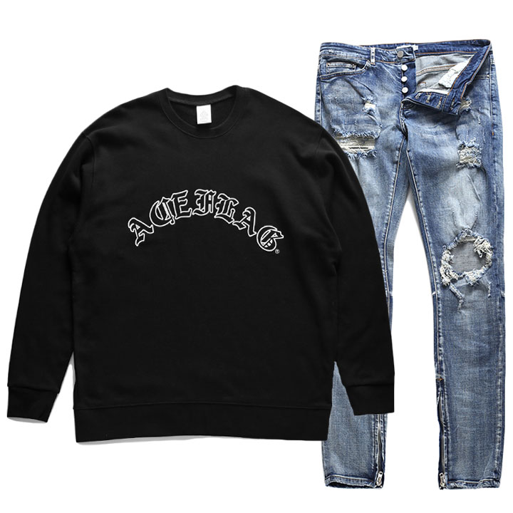 ACE FLAG 上下セット 長袖 ブランド メンズ 春秋冬用 黒 大きいサイズ エースフラッグ セットアップ トレーナー ジーンズ デニム スリム ブランドロゴ