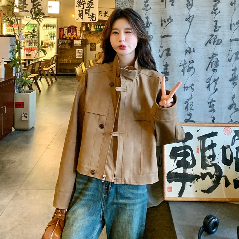 ヴィンテージブラウンショートレザージャケットジャケット2024新しい韓国カジュアル小さな男のスタンドカラージャケット