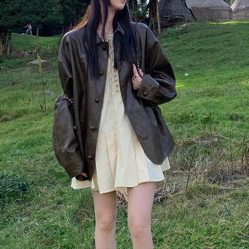 2色 アウター ジャケット フェイクレザー エコレザー ドロップショルダー ビッグシルエット レディース コート ショート丈 秋 冬 ブラック 黒 大きいサイズ 長袖 オーバーサイズ PVC ファー 5,084円