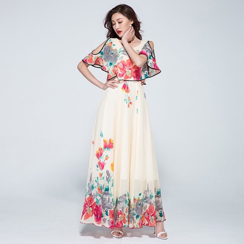 1947.シースルーフレアロングドレス（ベージュ花柄カラフル）2019 春夏 sale 春夏 sale ワンピース 花柄 Uネック 五分袖 エレガント お呼ばれ パーティー 結婚式 披露宴 女子会 100,000円