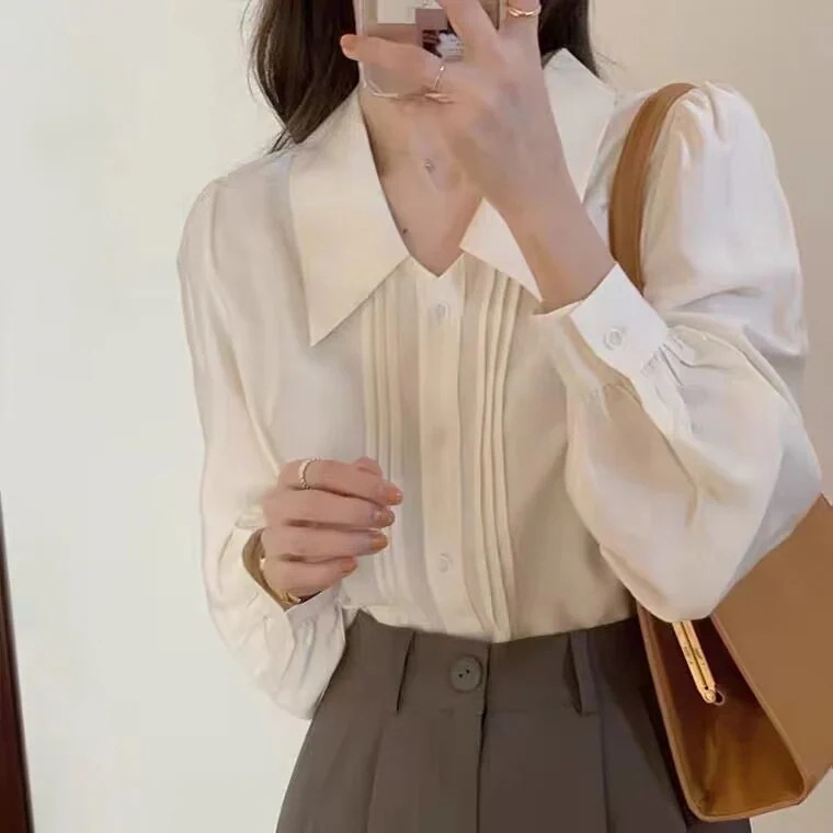2024新作 白い長袖シャツ女性シフォンブラウス