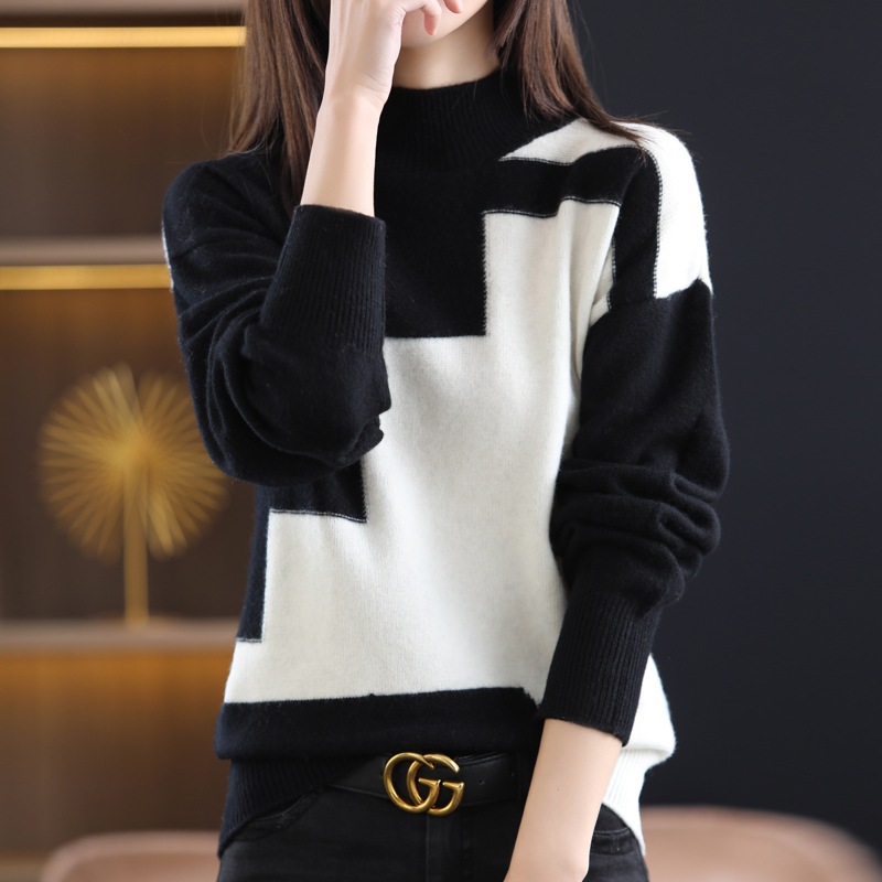 トップス ニットソー セーター プルオーバー ミディアム丈 袖あり 長袖 ドロップショルダー ハイネック 襟なし モノトーン ホワイト ダークグレー ホワイト ダークグレー ニット 薄手 個性的