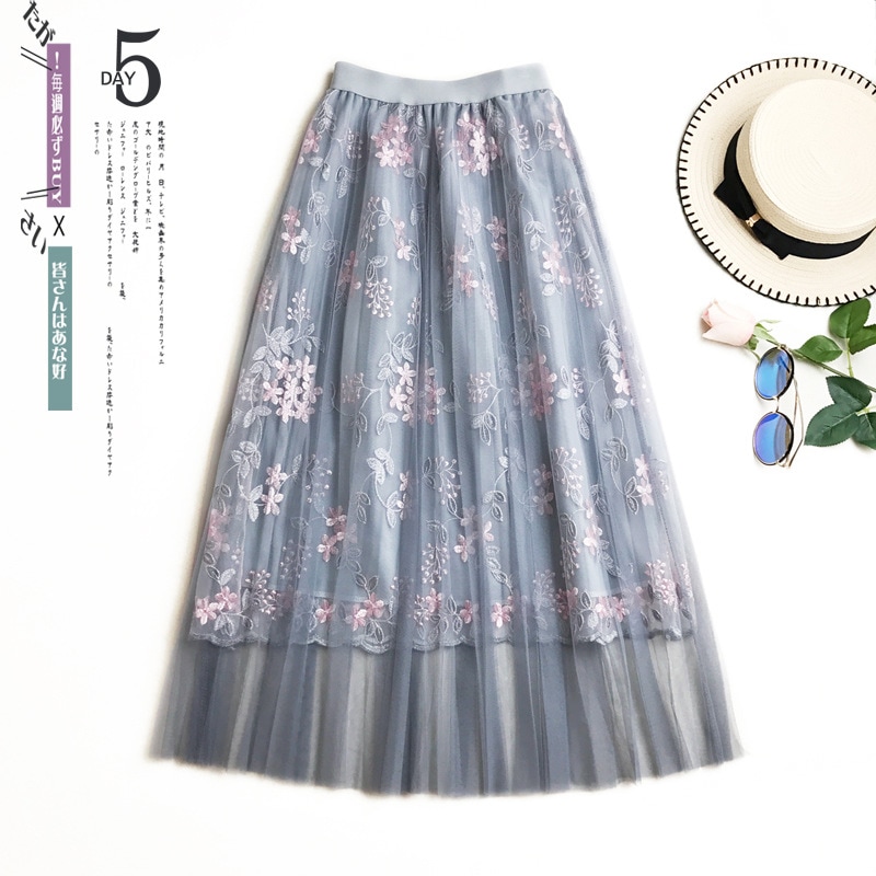 花刺繍チュールスカート春コーデにぴったりチュールスカート ロング aライン ウエストゴム レーススカ