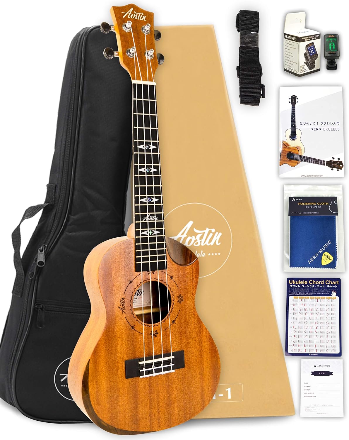 【初心者8点セット！】Aostinオースティン・UMI-1C Pro・コンサートウクレレ・カッタウェイ仕様／コンター加工・マホガニー材【安心の３年保証】【付属品８点セット：国内保証書・チューナー・