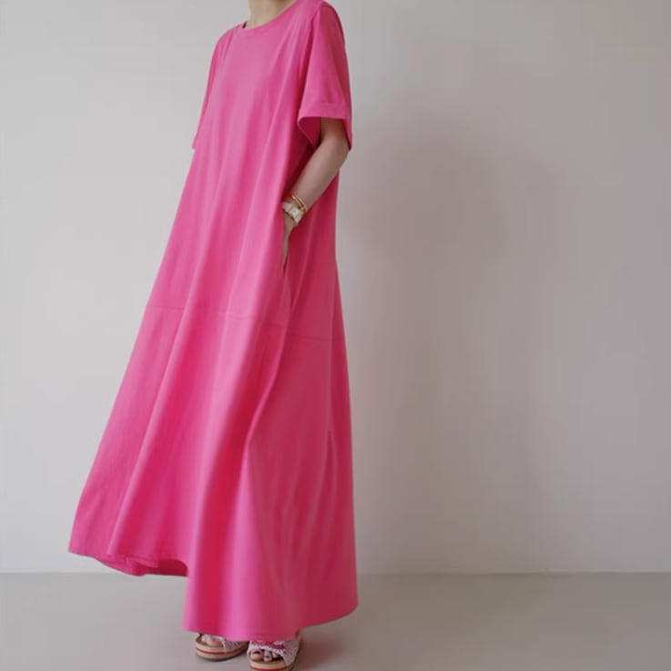 ワンピース フレアワンピース ワンピドレス ロング ロング丈 袖あり 半袖 ラウンドネック 襟なし セミフレア Aライン ポケット 綿 かわいい 大人可愛い シンプル カジュアル 大人 おしゃれ