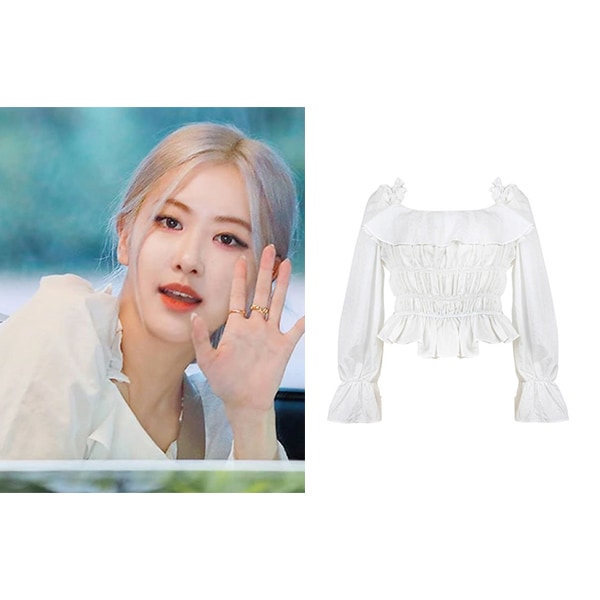 [BLACKPINK ロジェ 着用] スクエアネックシャーリングブラウス (ホワイト) 韓国ファッションスタイル BLACKPINKファッション