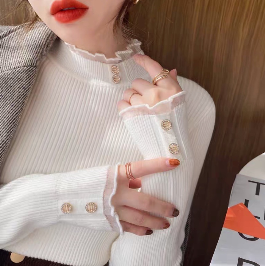 レディース トップス ニット ニットソー 長袖 ハイネック フェミニン フリル ボタン 切り替えデザイン 異素材ミックス かわいい 大人可愛い きれいめ シンプル 上品 おしゃれ こなれ感 ガーリー