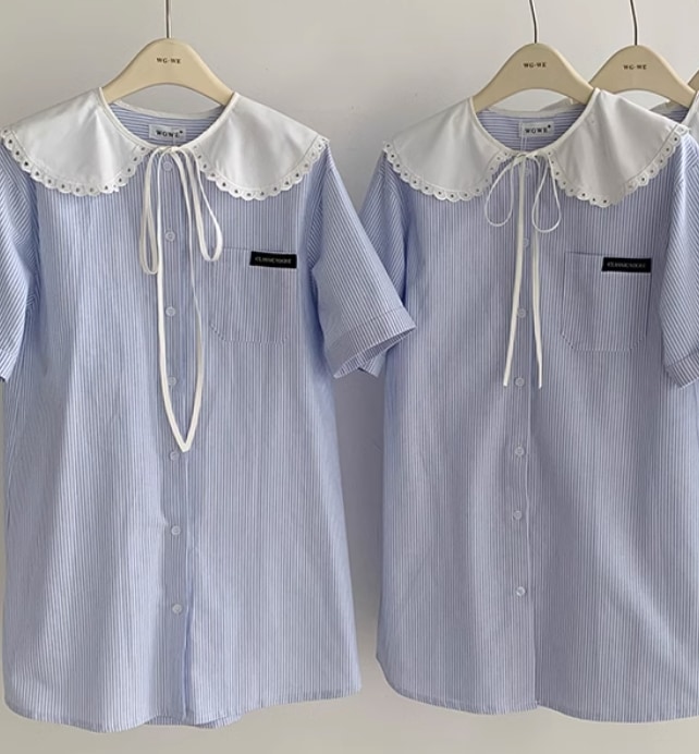 トップス デート モテアイテム シャツブラウス 襟付き レース ストライプ 大人可愛い きれいめ 上品 おしゃれ かっこいい 大人可愛い ラブリー キュート ガーリー クール モード系 セクシー