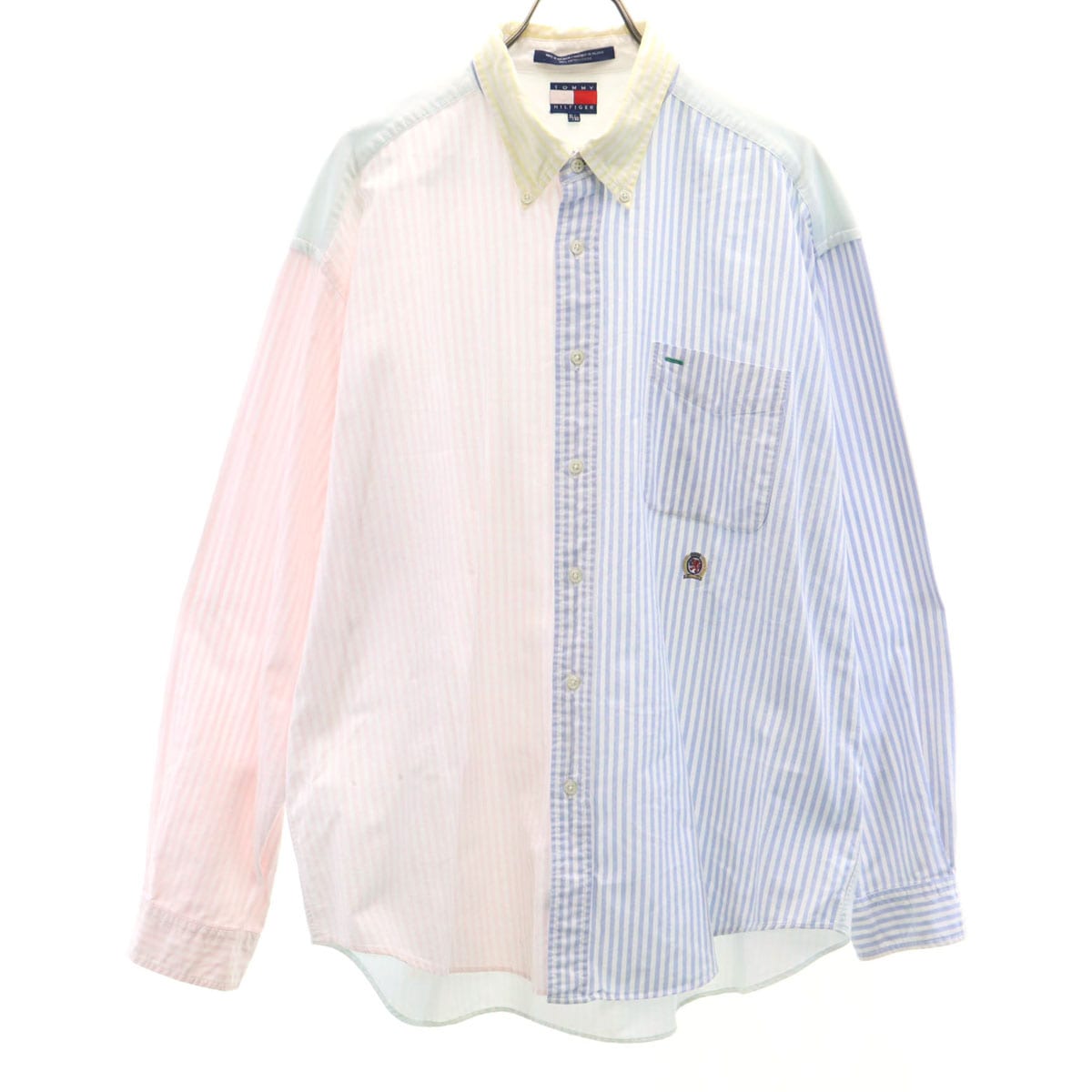 90s フラッグタグ オールド 長袖 ボタンダウンシャツ XL ピンク×ブルー メンズ 古着長袖シャツ