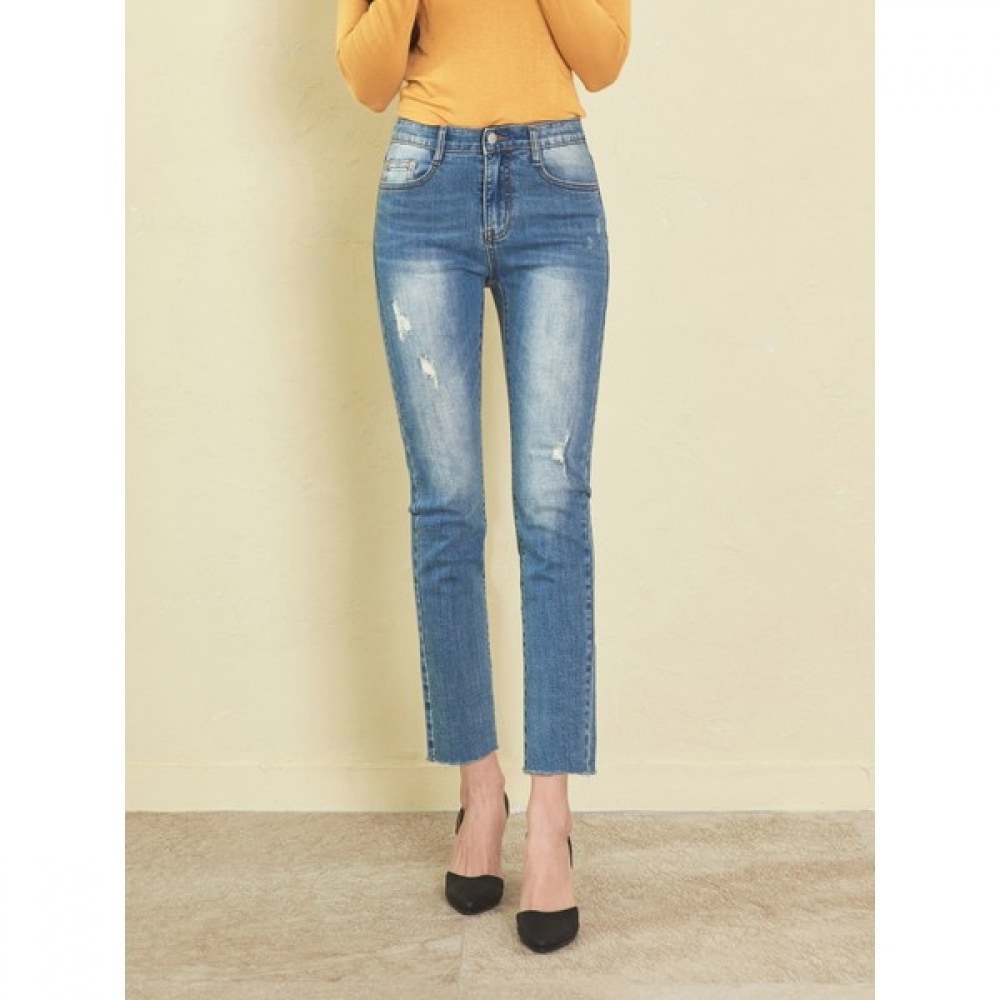 (ジンマニア) ウエスト隠しバンドスクラッチライトブルーヘムカッティングスパンストレートレッグレディースジーンズデニムパンツ 5,222円