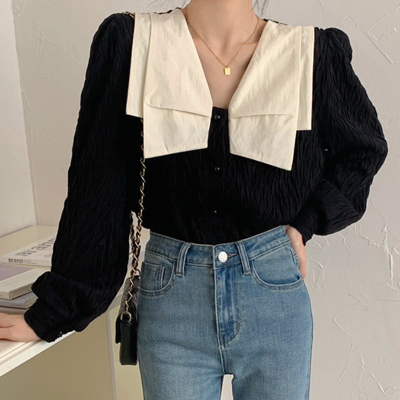 2color レディース トップス パフスリーブ カットソー パール ブラック ホワイト