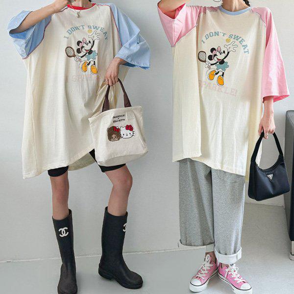 Hスタイル(LH)ディズニースパイナグランティー 春 女性 ディズニー Tシャツ ロングT オーバーフィット ルーズフィット ビッグサイズ 半袖