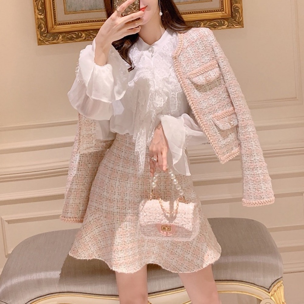 トップス ボトムス ジャケット ノーカラージャケット スカート ミニスカート フレアスカート ミニ ミニ丈 ショート ショート丈 襟なし 長袖 フレア Aライン 上下セット 2点セット ツーピース