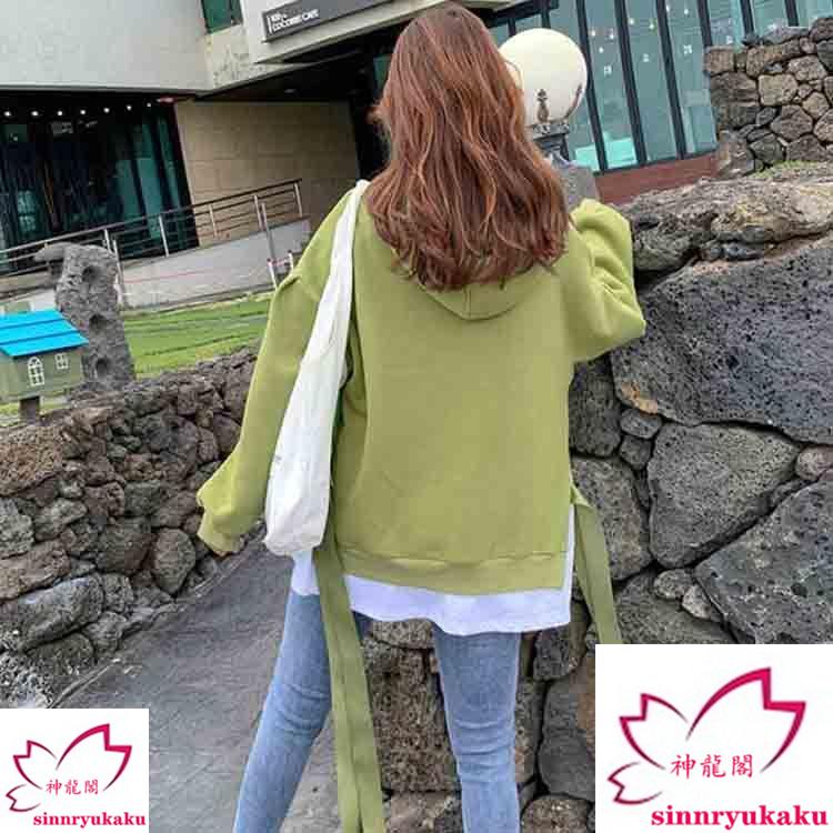 パーカー レディース ビッグパーカー フード付き ビックシルエット ゆったり トップス お洒落 フェイクレイヤード 無地 サイドリボン スリット 裏起毛 秋物