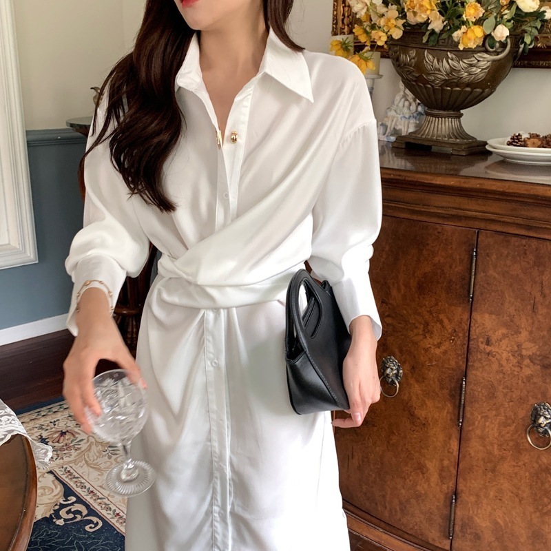 ワンピース シャツワンピース ミモレ丈 ロング丈 袖あり 長袖 襟付き ストレート かわいい 大人可愛い きれいめ シンプル 大人 上品 おしゃれ かっこいい レトロ 大人女子 こなれ感 ラフ クール