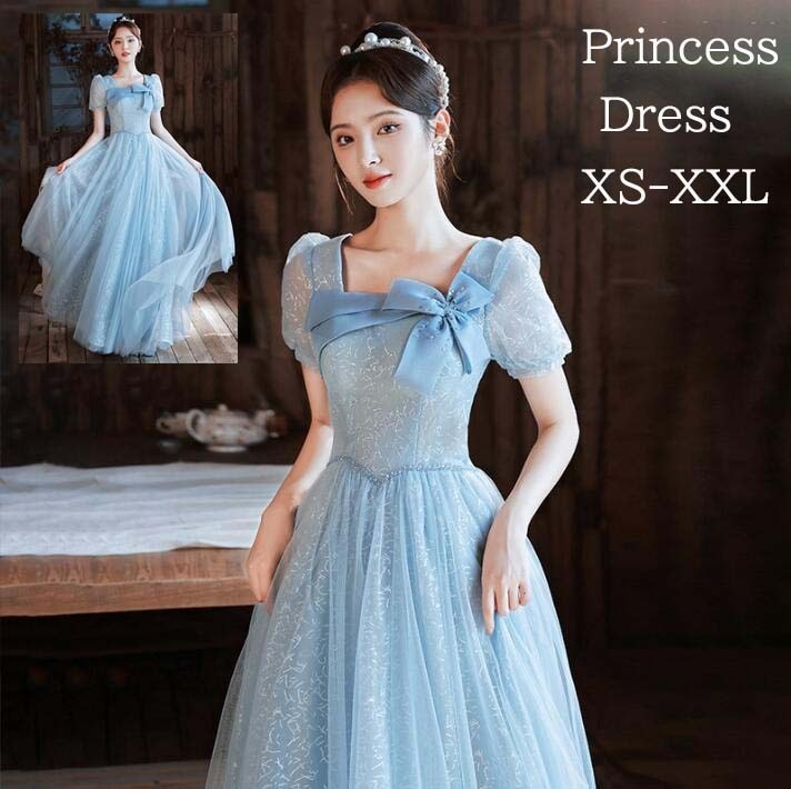 【期間特恵】パーティードレス プリンセスドレス カラードレス リボン 高級感 ブルー 演奏会ドレス 半袖 ロング丈 ウェディングドレス 誕生日ドレス お呼ばれ 二次会 演奏会 花嫁ドレスバックファスナ