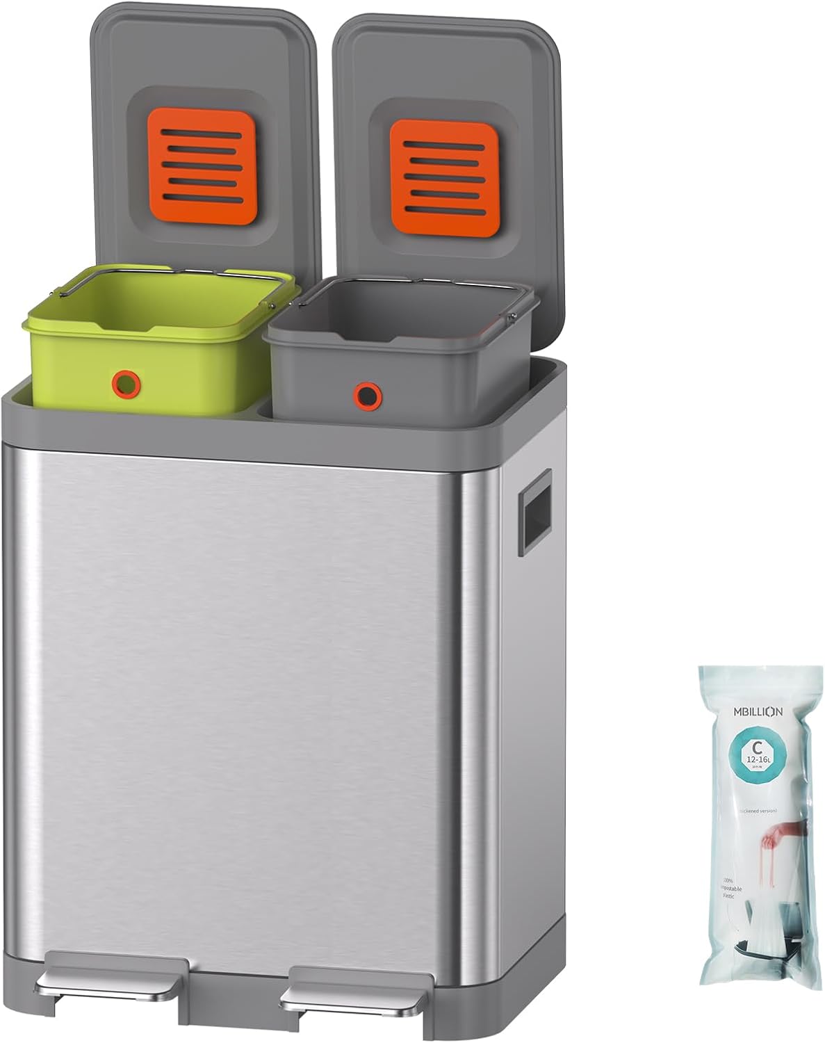 フタ付きゴミ箱 分別 2段 おしゃれ ごみ箱 ステンレス ゴミ箱 ペダル式 キッチン ゴミ箱 消臭 ダストボックス 2×15L 大容量 長方形 生ごみ ゴミ箱 インナーバケット2つ 密閉 音無し 室内