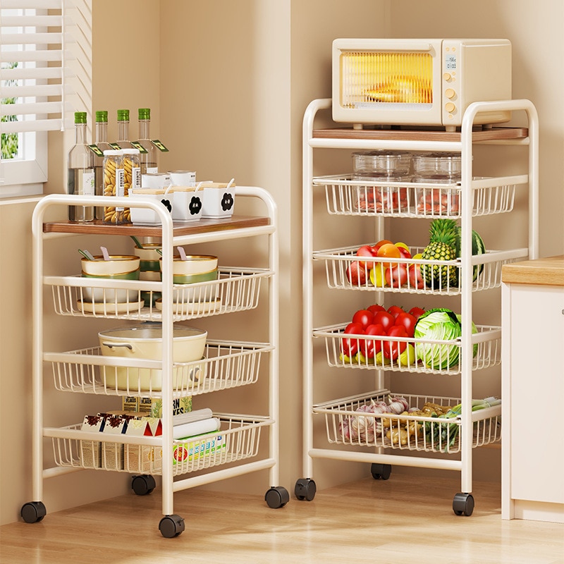 キッチンカートストレージラック床スタンドマルチレイヤーフルーツと野菜バスケット中世スタイルリビングルームスナックトイストレージラック