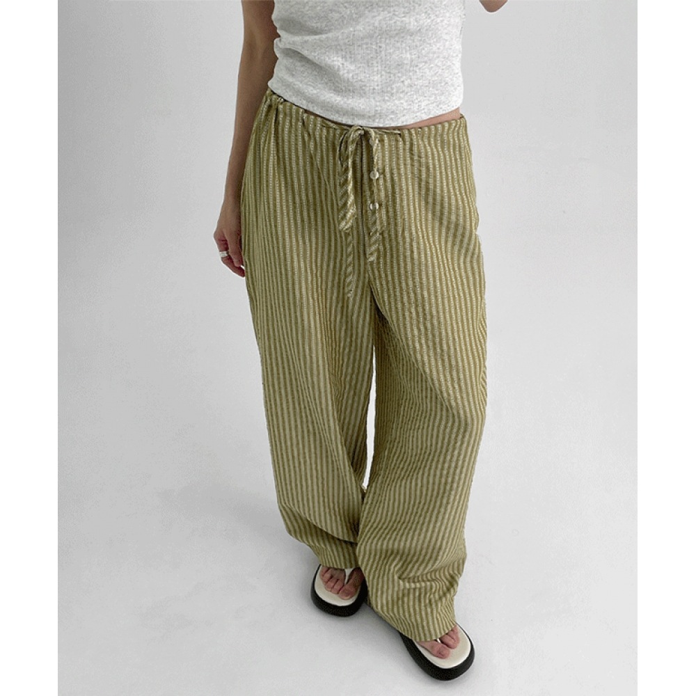 ブラックアップモヒーンボタンストライプストラップパンツ