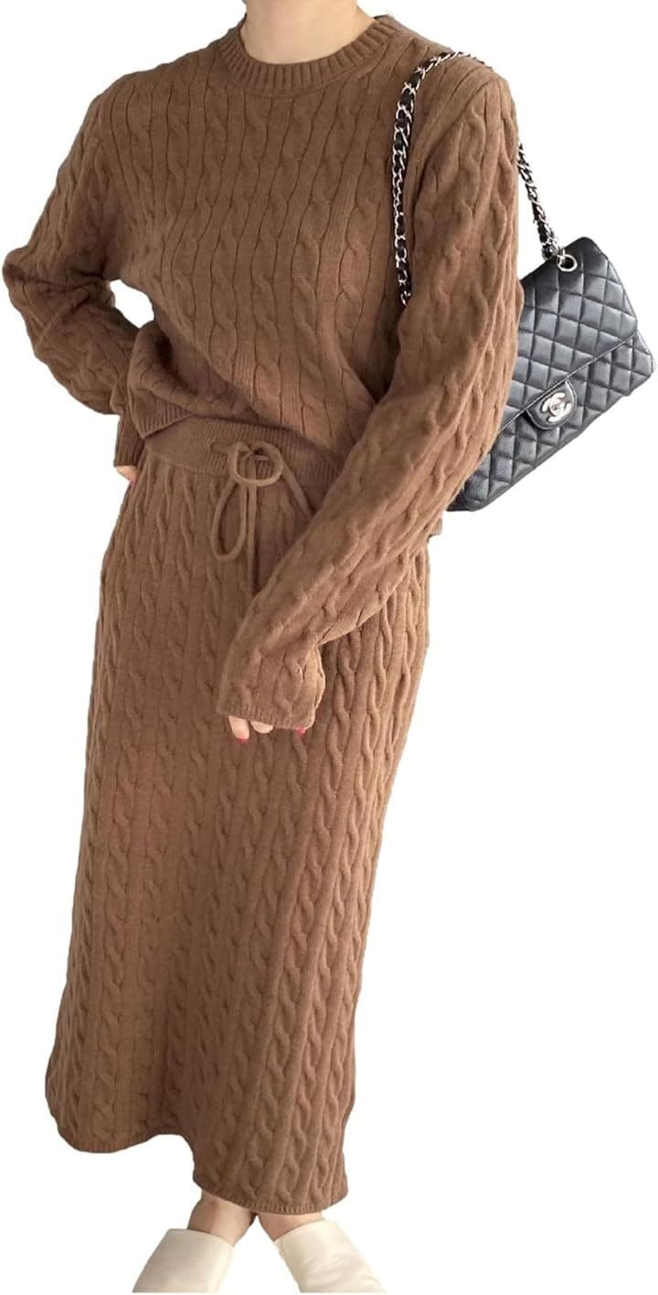 セットアップ レディース 2点セット ニット ケーブル編 ロングスカート Iライン ラウンドネック レディースファッション デート Iラインスカート ニットセーター(ブラウン, XL)