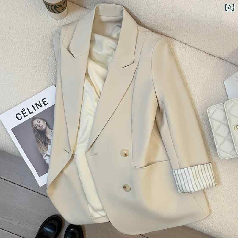 ビジネス　スーツ　ジャケット オフ ホワイトの 袖口の ストライプスーツ ジャケット 女性用 2025 春秋 スタイル ファッション 英国 風 スーツ