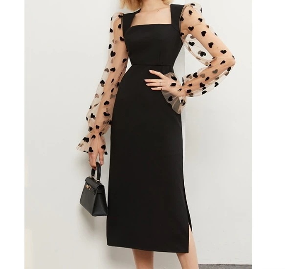 ワンピース ミモレ ロング タイト 長袖 キャンディスリーブ スクエアネック チュール スリット かわいい 大人可愛い キュート シンプル ハート柄 春 夏 デート お出かけ XL 黒