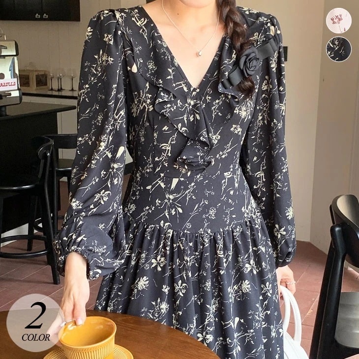 小花柄 フリル ワンピース 長袖 ロング フレア マキシ ゆったり 体型カバー 流行 ガーリー フェミニン 可愛い カジュアル 春 秋 冬 レディース 韓国ファション