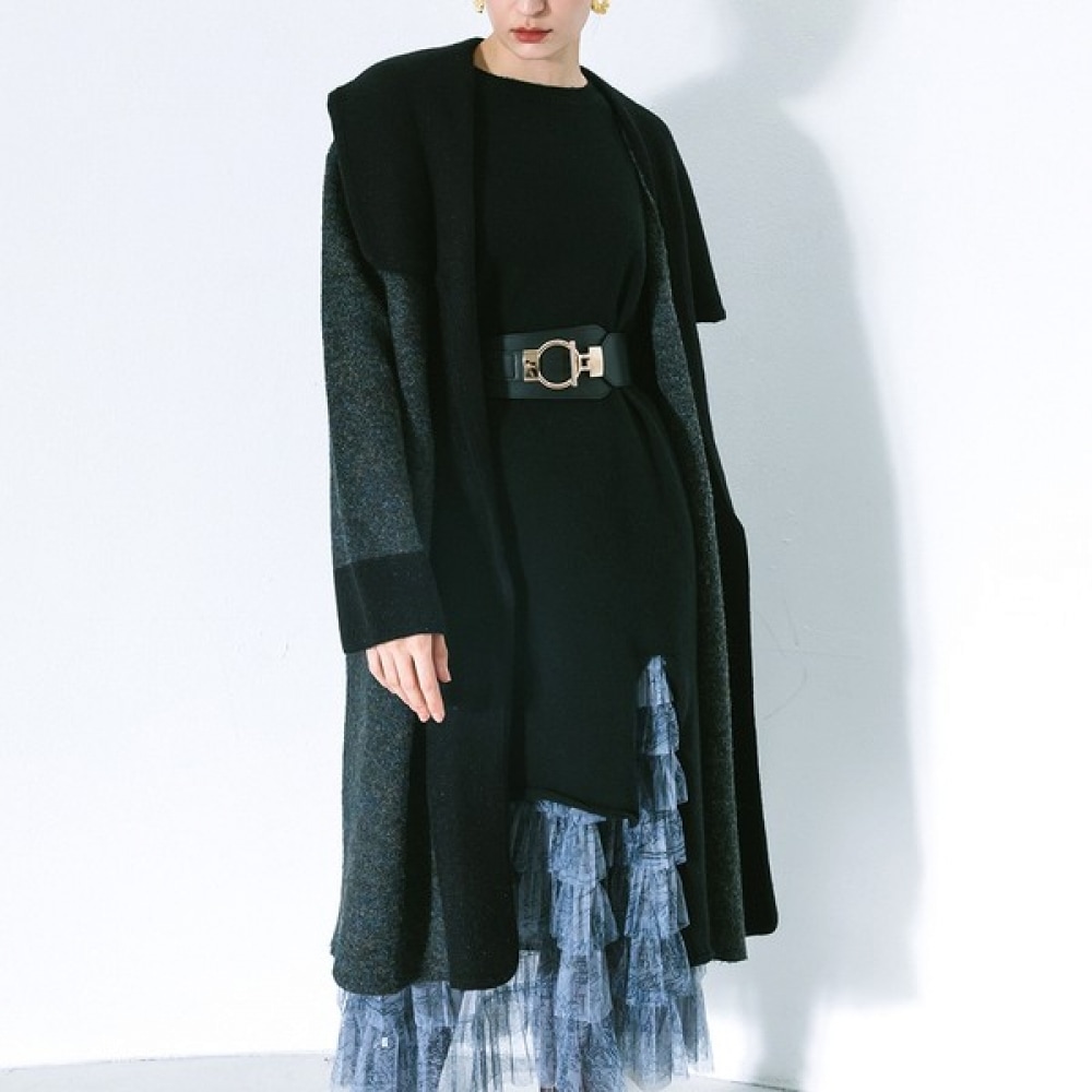 (Max Cartiggio) ウール混紡ワイドカラーオープンロングニットコート